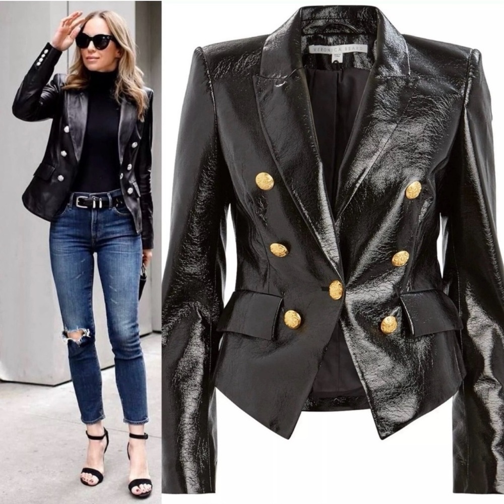 NWOT Veronica Beard Cooke Dickey Glossy Leather Blazer Jacket Double Breasted S4